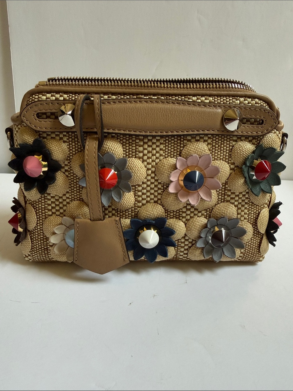 Fendi By The Way Floral Embellished Raffia Mini 2-way (Hand or Crossbody) Bag